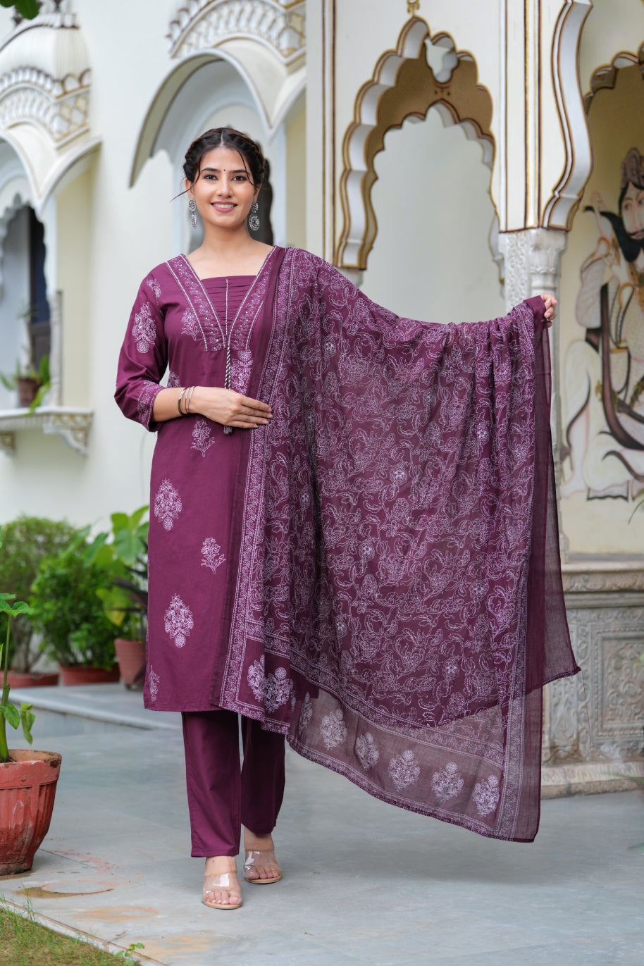 Maroon Cotton Straight Kurta Set with Designer Yoke and Adda Work