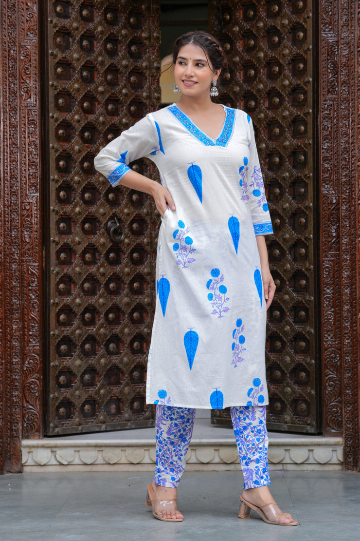 Blue Cotton Floral Boota Printed Kurta Set with Mulmul Dupatta