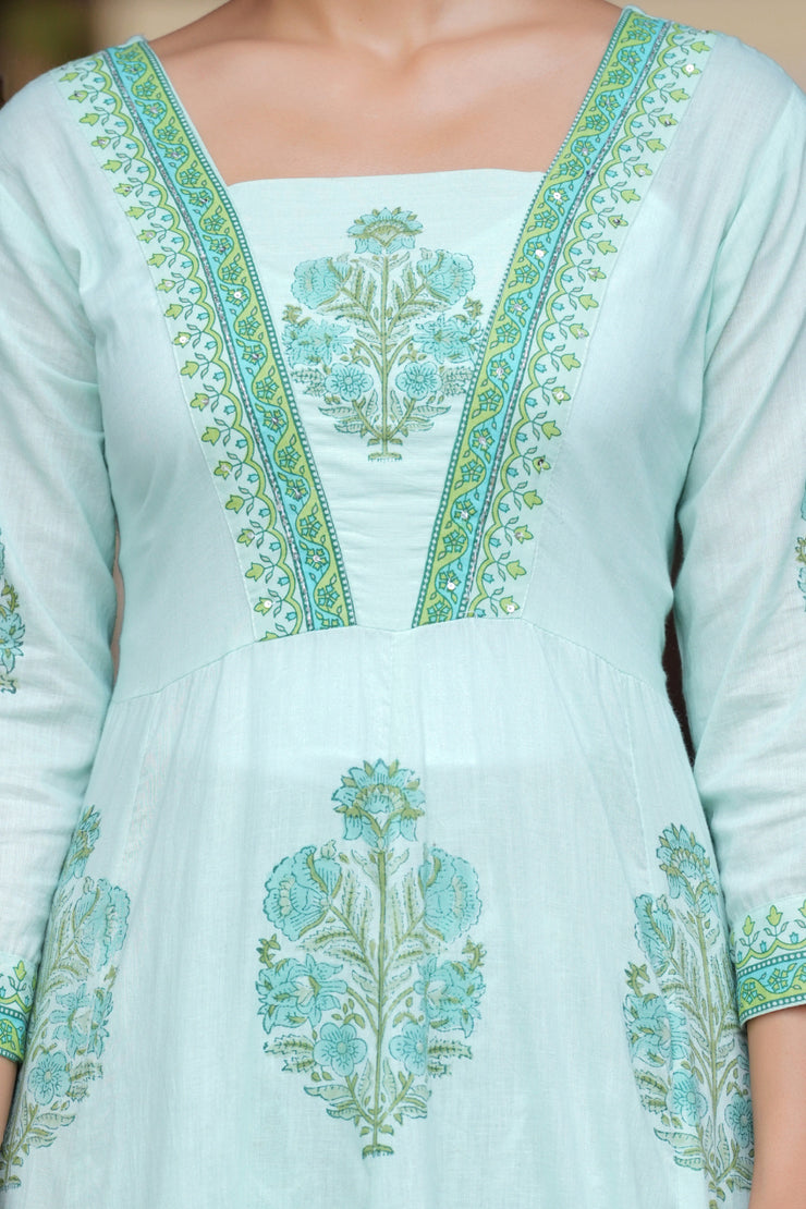 Block Printed Green Cotton Straight Suit with Embroidered Neck Detailing