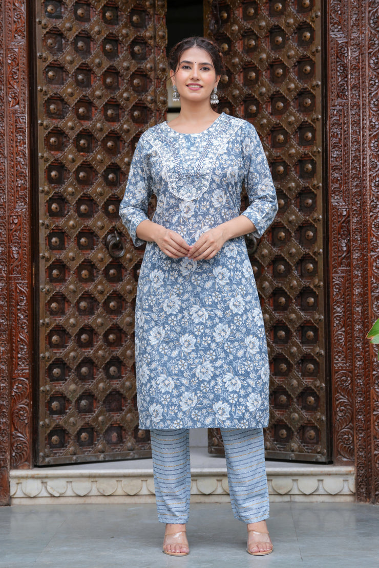 Grey Cotton Floral Print Kurti Pant Set with Embroidered Yoke