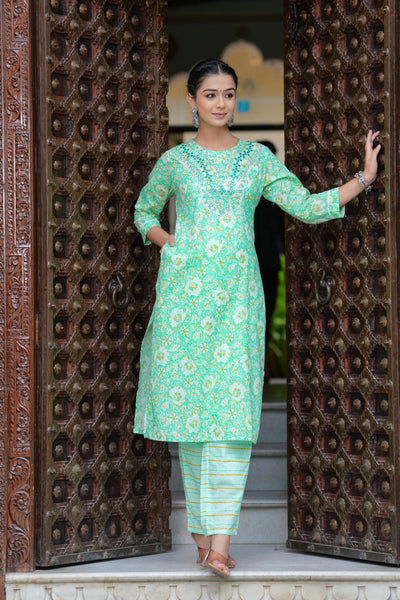 Green Cotton Floral Print Kurti Pant Set with Embroidered Yoke