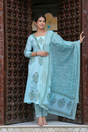 Block Printed Blue Cotton Straight Suit with Embroidered Neck Detailing