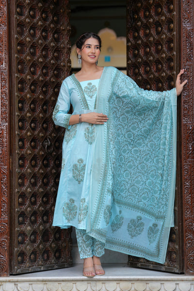 Block Printed Blue Cotton Straight Suit with Embroidered Neck Detailing