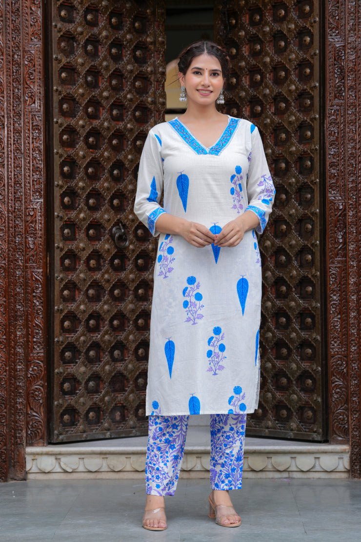 Blue Cotton Floral Boota Printed Kurta Set with Mulmul Dupatta