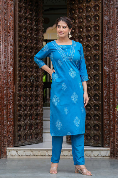 Blue Cotton Straight Kurta Set with Designer Yoke and Adda Work