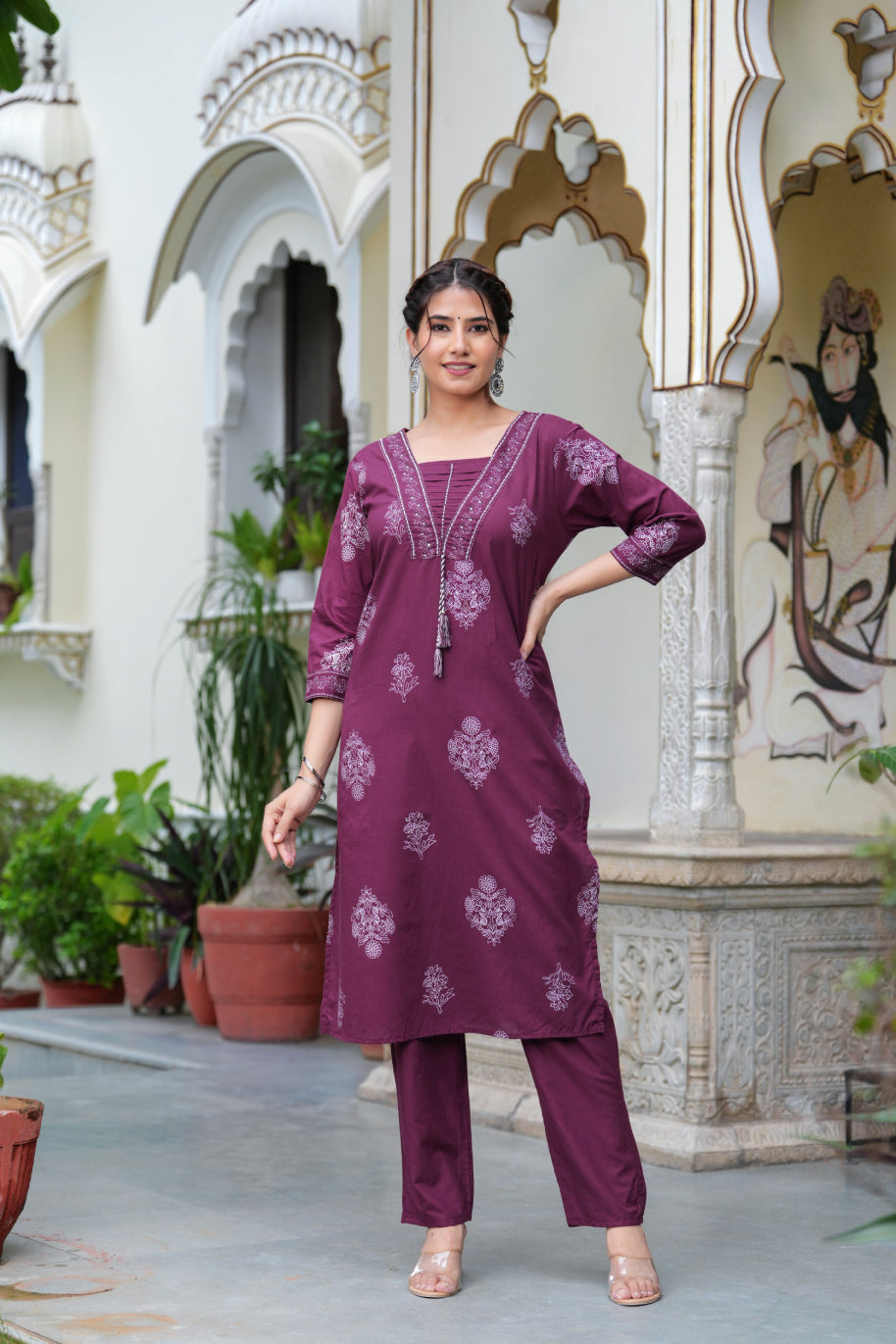 Maroon Cotton Straight Kurta Set with Designer Yoke and Adda Work