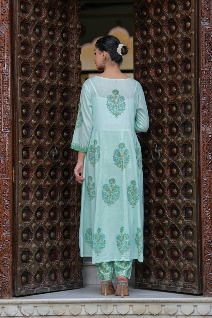 Block Printed Green Cotton Straight Suit with Embroidered Neck Detailing