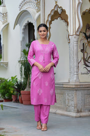 Pink Cotton Straight Kurta Set with Designer Yoke and Adda Work