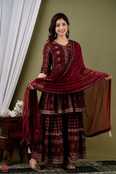 Wine Muslin Embroidered Sharara with Dupatta Set - Elegant Ethnic Ensemble