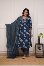 Blue Cotton Printed Kurti with Embroidery on Neck and Mulmul Dupatta