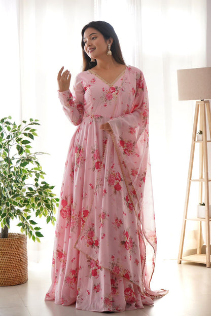 Pink Organza Fabric Gown Style Anarkali Kurti with Pant and Dupatta