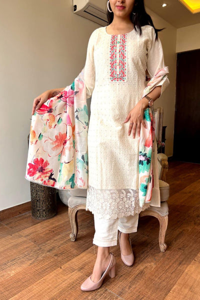 White Cotton Floral Print Embroidered Kurta Trouser Dupatta Set - Handmade Indian Design