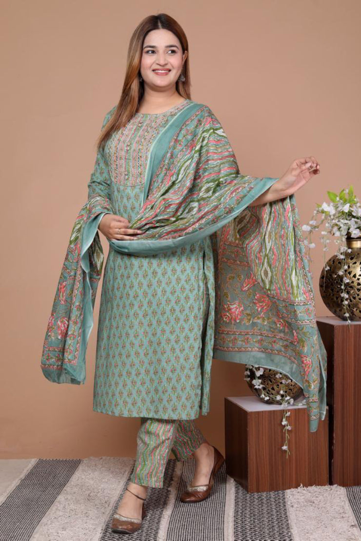 Women's Cotton Blend Kurta Palazzo Set with Embroidered Neck and Mulmul Dupatta