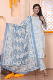 Sky Blue Cotton Printed Anarkali Kurti Pant Dupatta Set - Women's Ethnic Wear