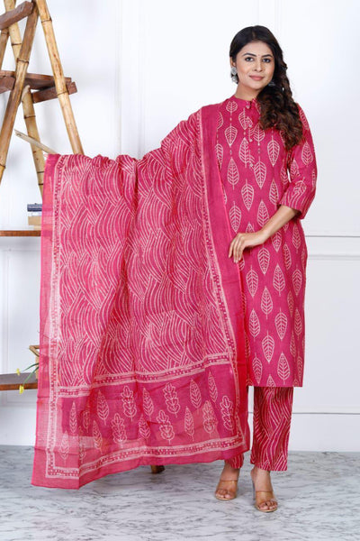 Women's Silk Blend Printed Straight Kurta Pant With Dupatta - Red