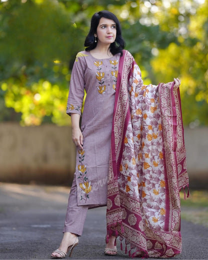 Elegance Khadi Cotton Three-Piece Suit with Intricate Embroidery Work and Silk Dupatta