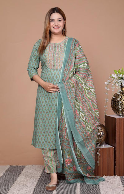 Women's Cotton Blend Kurta Palazzo Set with Embroidered Neck and Mulmul Dupatta