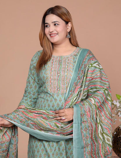 Women's Cotton Blend Kurta Palazzo Set with Embroidered Neck and Mulmul Dupatta