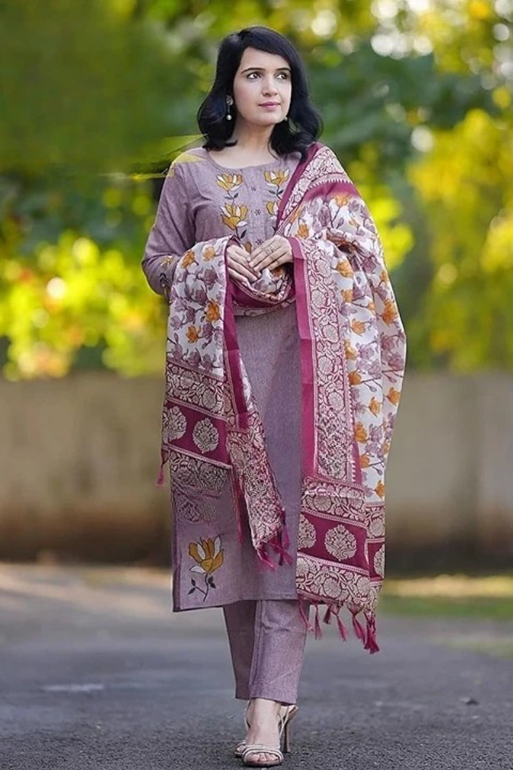 Elegance Khadi Cotton Three-Piece Suit with Intricate Embroidery Work and Silk Dupatta